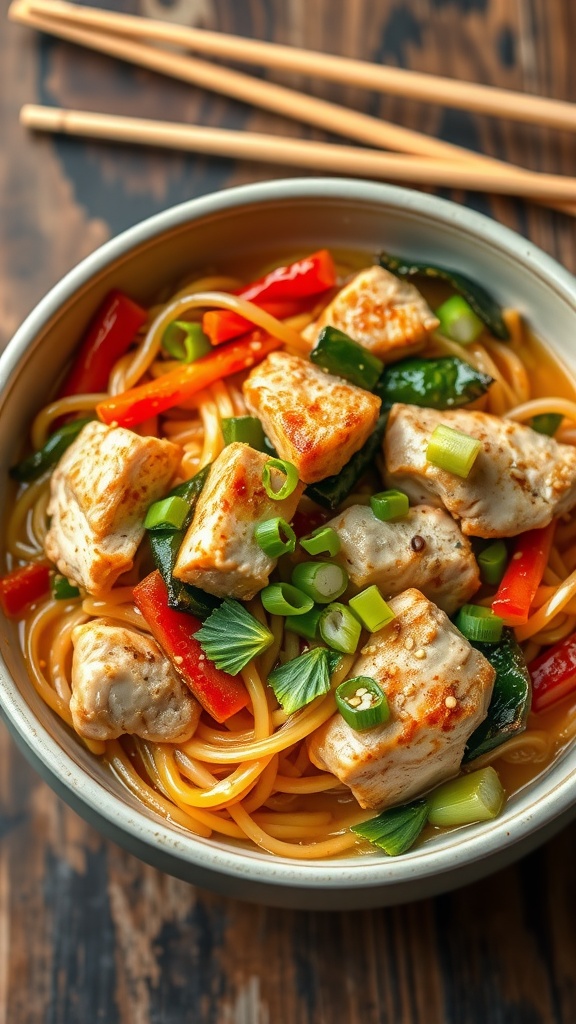 Bowl of chicken ramen stir fry with colorful vegetables and noodles, garnished with green onions and sesame seeds on a wooden table.